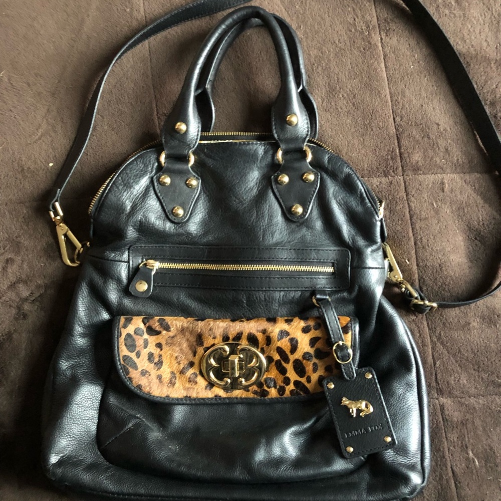 Emma Fox Shoulder Bag  Black leather leopard trim.